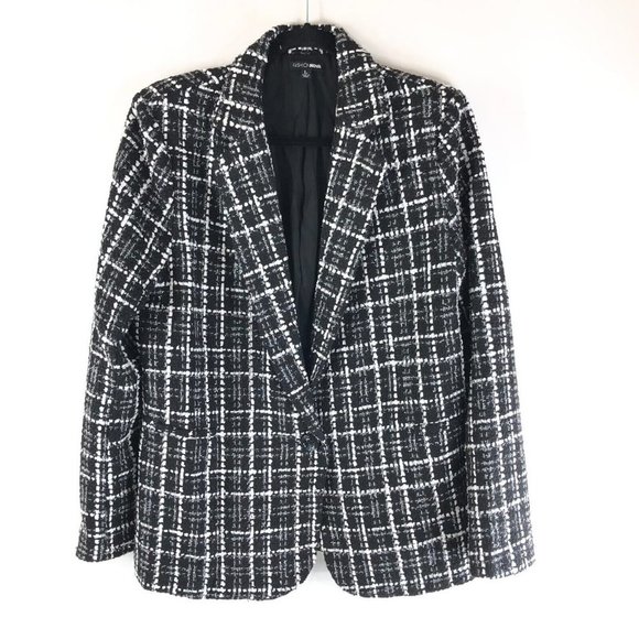 Fashion Nova Womens Jacket Blazer Tweed Metallic One Button Black White Size L - Picture 1 of 4